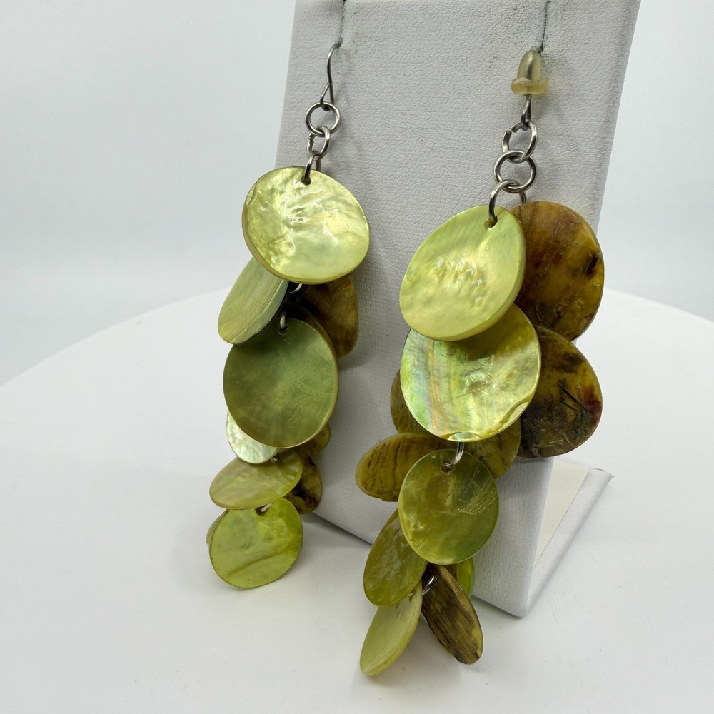 Natural Shell Disc Statement Dangle Earrings Multi-Layered Boho Beach Jewelry - Picture 8 of 13